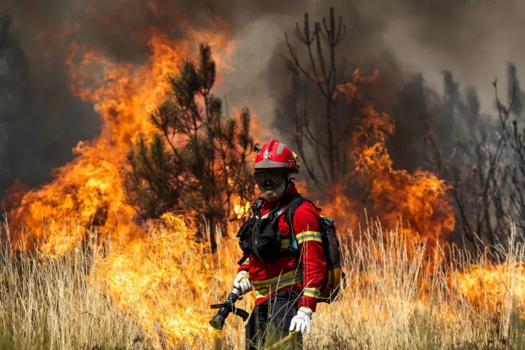 Imagem que ilustra um bombeiro a tentar combater um incêndio